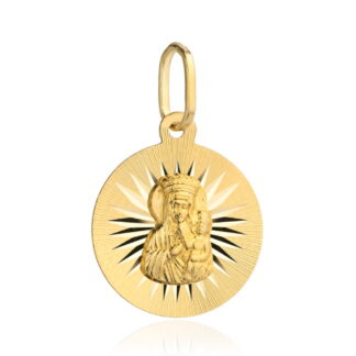 Medalik złoty Matka Boska Częstochowska z promieniami w kole